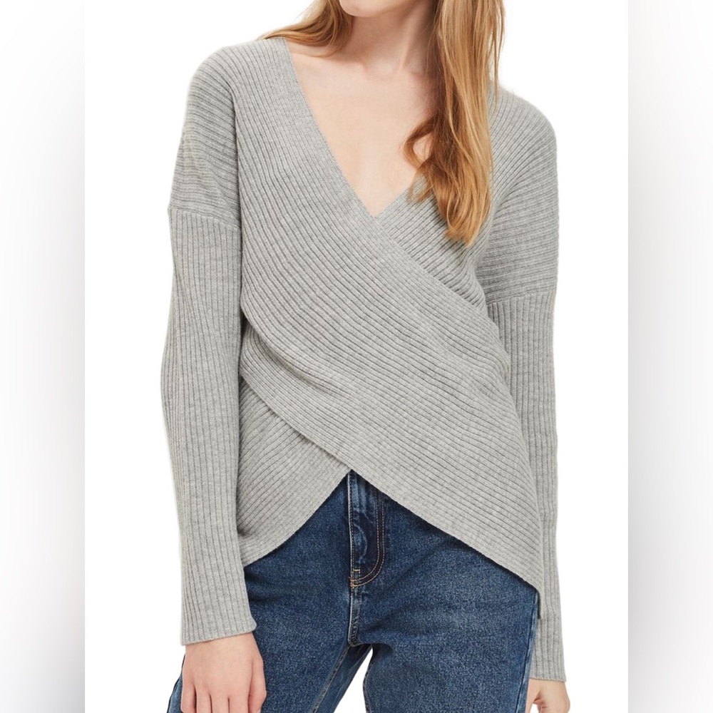 Topshop Light Gray V-Neck Wrap Front Sweater US 12